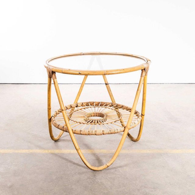 Small Round Rattan Table with Glass Top, 1950s For Sale - Image 3 of 9