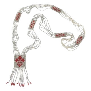 1920s Red and Silver Microbead Vintage Fleur de Lys Flapper Necklace For Sale
