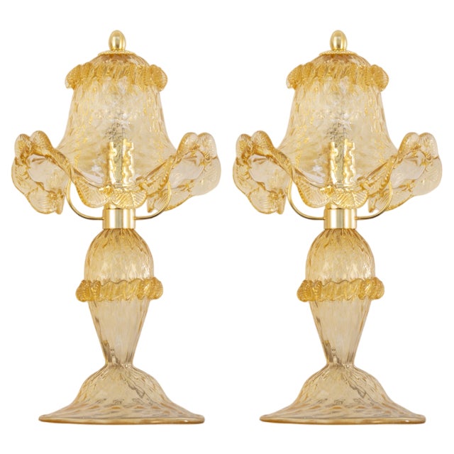 Murano Glass Table Lamps in Amber Color with Golden Elements, Italy, 1990s, Set of 2 For Sale