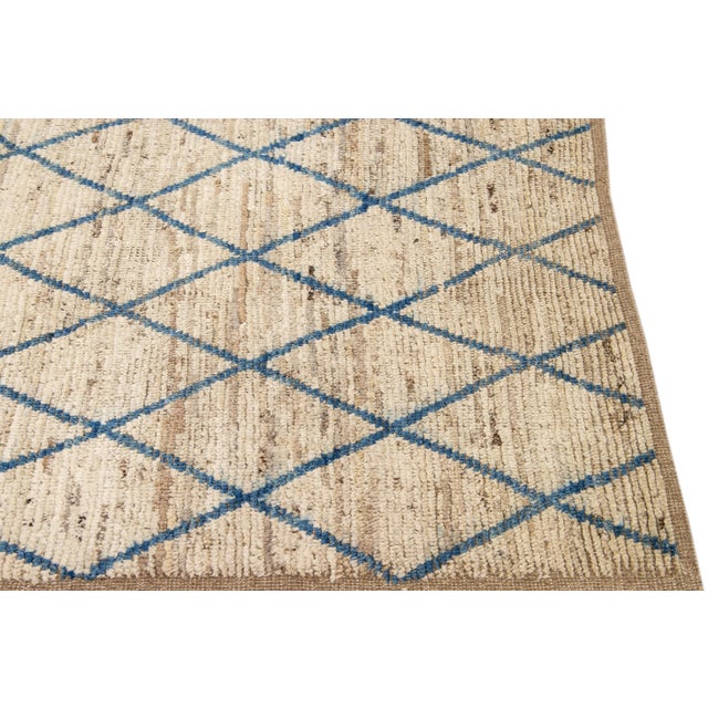 Modern Moroccan Style Handmade Geometric Pattern Beige and Blue Wool Wide Runner For Sale - Image 9 of 10