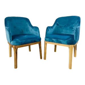 Mid-Century Modern Style Blue Velvet & Walnut Frame Barrel Chair, a Pair