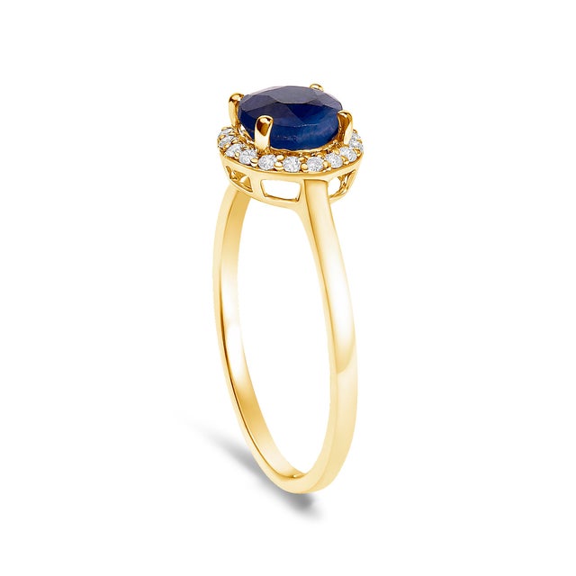 Early 21st Century 10K Yellow Gold Blue Sapphire and 1/10 Cttw Diamond Halo Ring, Size 6.5 For Sale - Image 5 of 7