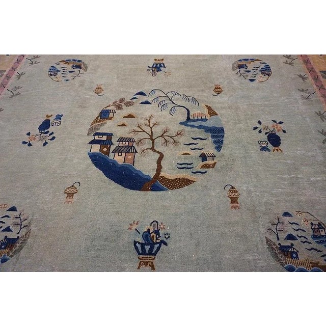 1920s 1920s Sky Blue Classical Pictorial Antique Chinese Peking Carpet 10'4" X 12'8" Knotted Wool Rug For Sale - Image 5 of 12