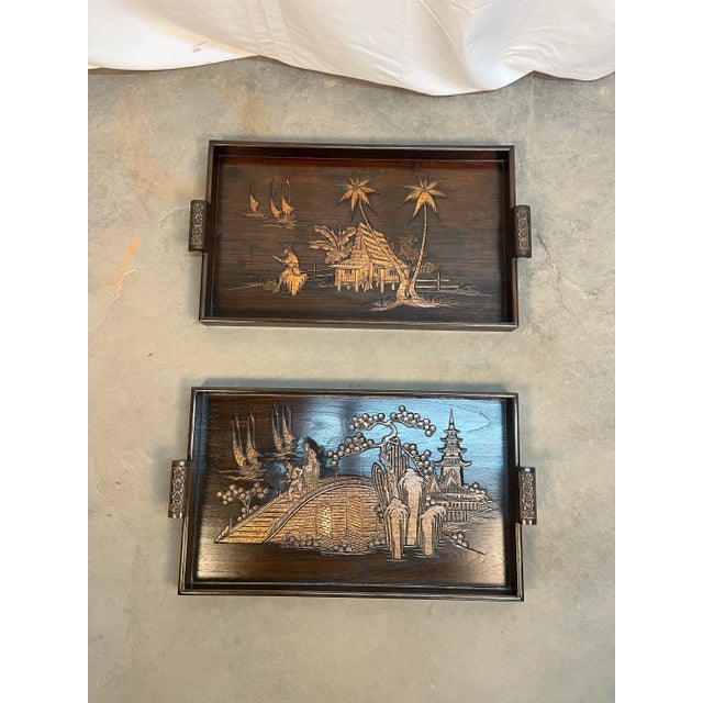 Brown Mid 20th Century Asian Collapsible Wooden Butler’s Tray Two Tiered Table For Sale - Image 8 of 12