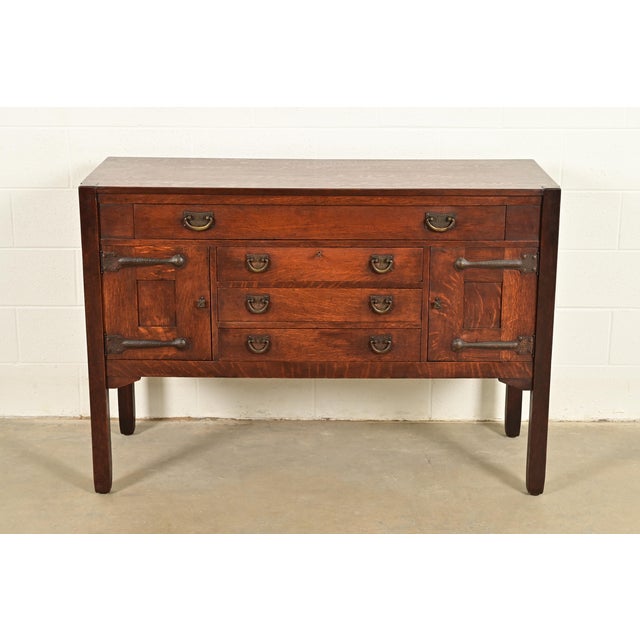 Mission Stickley Brothers Antique Mission Oak Arts & Crafts Strap Hinge Sideboard, Circa 1910 For Sale - Image 3 of 16