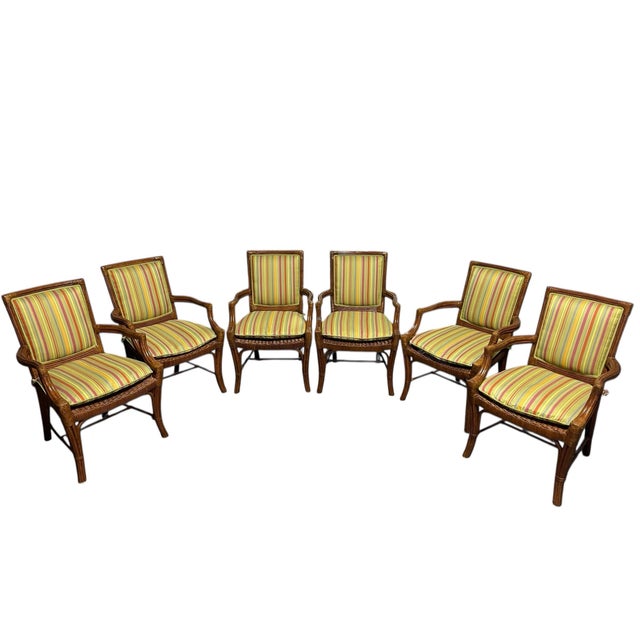 Lane Venture Tradewinds Rattan Arm Chairs, Set of Six, Excursions, Chippendale Style, Striped Upholstery For Sale In Naples, FL - Image 6 of 12
