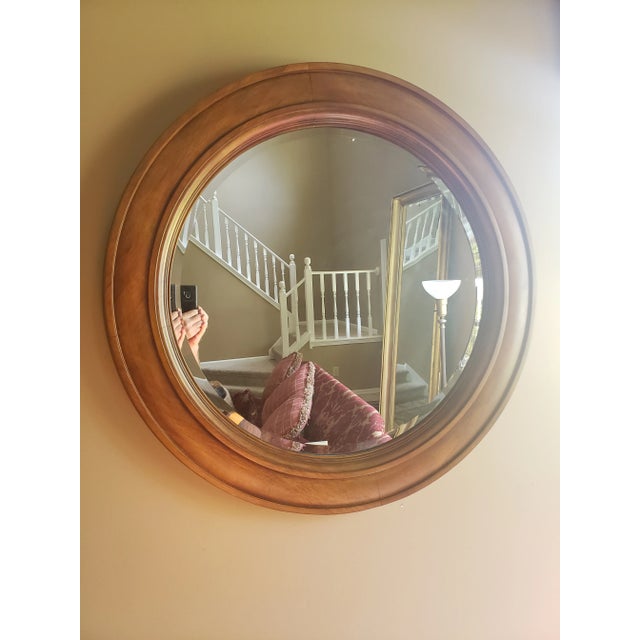 Classic Traditional Round Solid Wood Beveled Mirror For Sale - Image 4 of 9