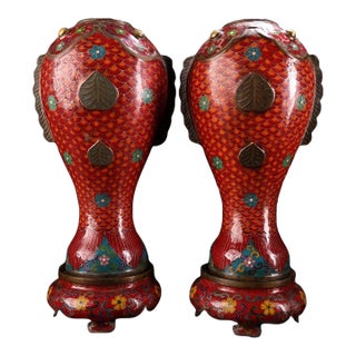 Pair of Gilt Bronze Cloisonné Enamel Fish-Form Vases For Sale