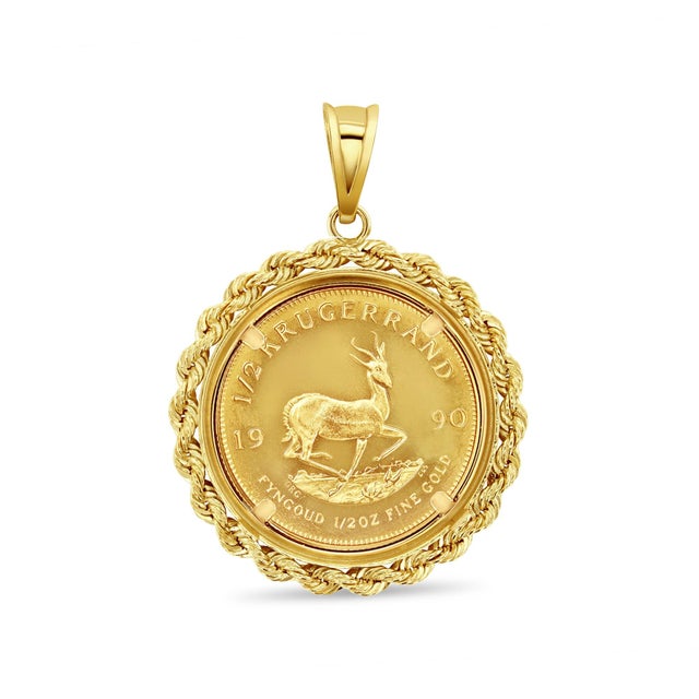 1/2OZ Fine Gold South African Krugerrand Coin Necklace with Rope Bezel 16" For Sale - Image 4 of 4
