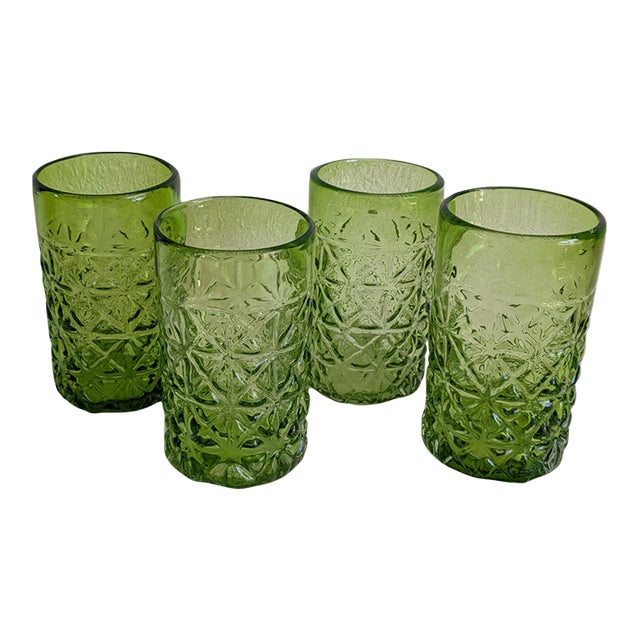 Artisan Hand Blown Green Glass Tumblers Set of Four For Sale