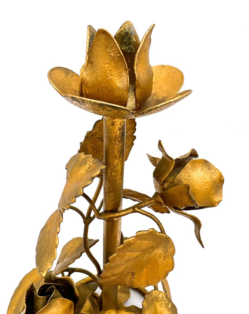 Vintage Italian Gilt Tole Rose Candleholders - Pair - Hollywood