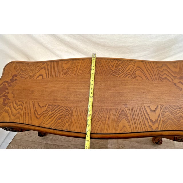 1990s Vintage Sofa Table Console French Style Ornate Side Carvings Oak Inlays For Sale - Image 10 of 12