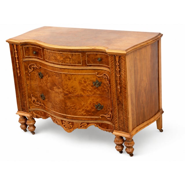 French Antique Burl Wood Serpentine-Front Dresser With Floral Inlay and Carved Details For Sale - Image 3 of 10