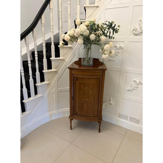 Superb quality antique Edwardian mahogany inlaid bow fronted side cabinet having a shaped back, quality mahogany bow...