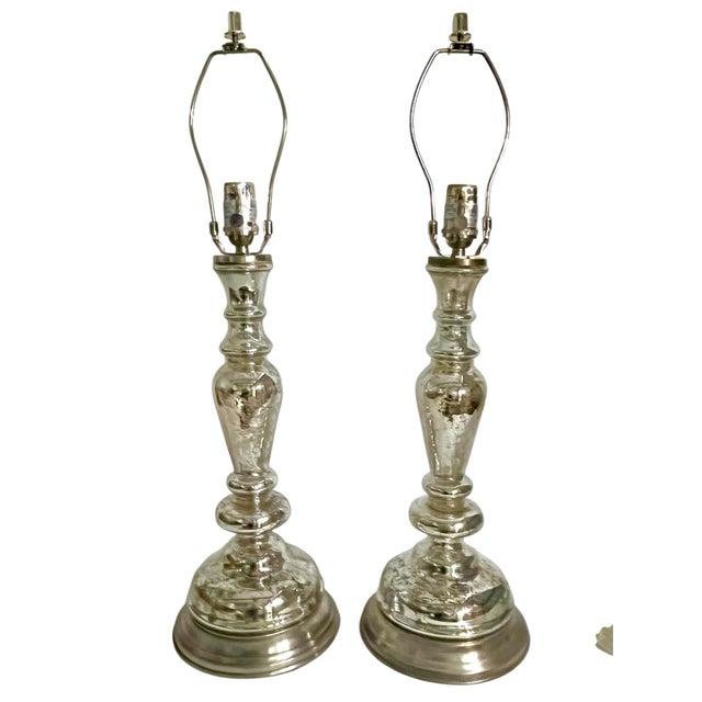 Glass Pottery Barn Leera Mercury Glass Lamps With Original Linen Shades - a Pair For Sale - Image 7 of 16