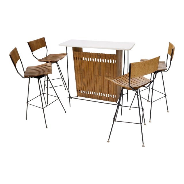 Arthur Umanoff Set of 4 Rattan Wrought Iron Bar Stools with Matching Bar For Sale