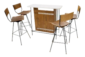 Arthur Umanoff Set of 4 Rattan Wrought Iron Bar Stools with Matching Bar