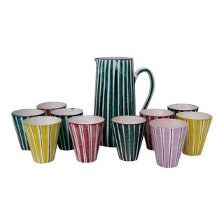 Italian Ceramic Pitcher With Cups - 11 Pieces