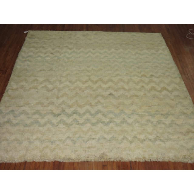 One of a kind Modern Persian square rug with an all-over chevron motif in ivory and pale green blues. Made with recycled...