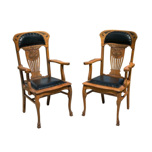 Antique Victorian Set of Six Tiger Oak Dining Chairs Leather Seats & Headrests For Sale In Boston - Image 6 of 12