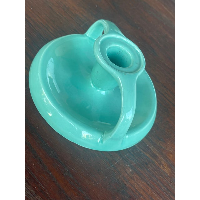 Mid Century Aqua Blue Double Handle Candlestick With Original Store Label For Sale - Image 4 of 7