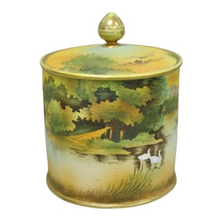 Antique Nippon Hand Painted "Tapestry" Porcelain Lake & Duck Humidor Biscuit Jar For Sale