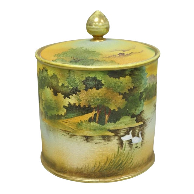 Antique Nippon Hand Painted "Tapestry" Porcelain Lake & Duck Humidor Biscuit Jar For Sale