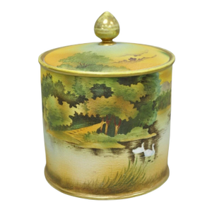 Antique Nippon Hand Painted "Tapestry" Porcelain Lake & Duck Humidor Biscuit Jar