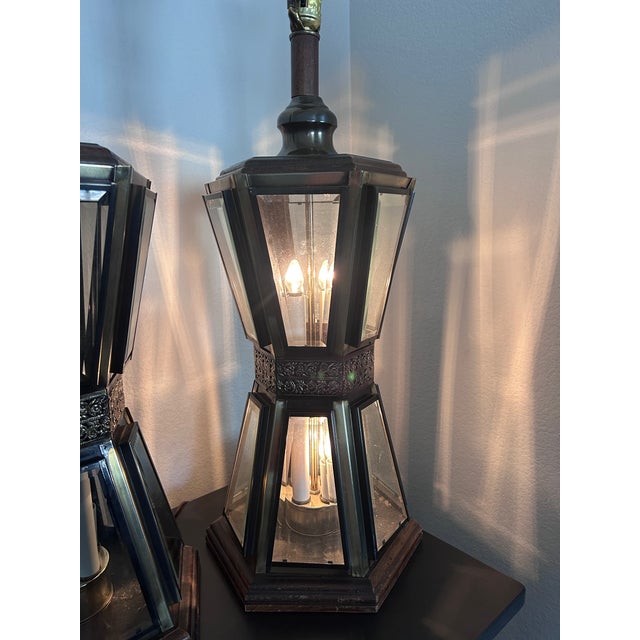 1970s 1970's Hollywood Regency Smoked Glass Lantern Table Lamps by American Lamp Co. - A Pair For Sale - Image 5 of 5