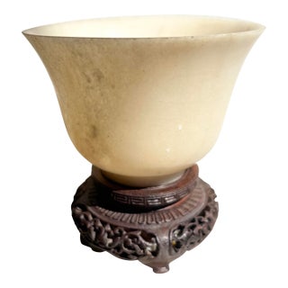 Antique Chinese Qing Carved Faux Mutton Fat White Jade Bowl W/Stand Read On For Sale