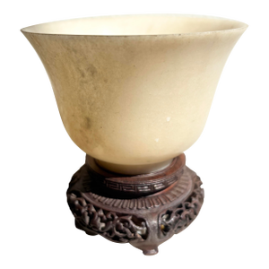 Antique Chinese Qing Carved Faux Mutton Fat White Jade Bowl W/Stand Read On