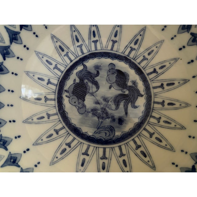 Chinoiserie Blue and White Porcelain Large Decorative Bowl With Koi Fish Motif For Sale - Image 4 of 7