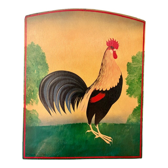 Late 20th Century Signed Paul Kitchin Rooster Folk Art Painting on Board For Sale