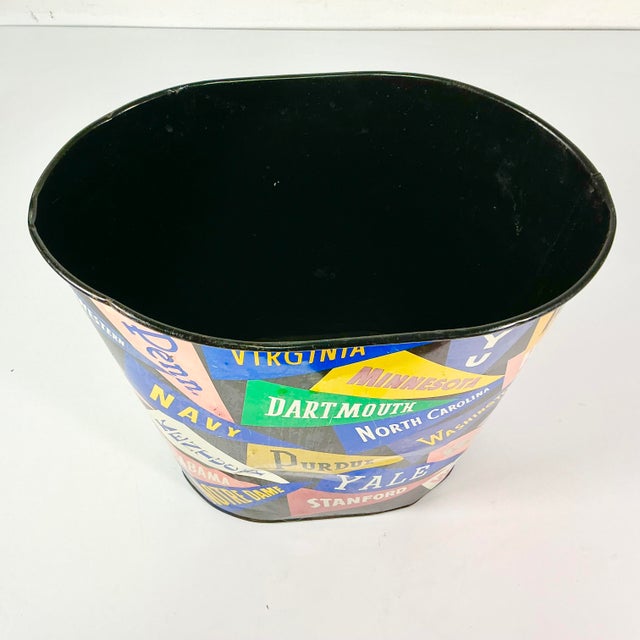 Mid-Century Boho Chic Americana College Pennant Metal Wastebasket. For Sale - Image 9 of 11