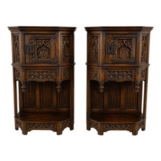 Pair of Antique French Gothic Carved Oak Cabinets With Heraldic Crest Iron Hardware - 2 For Sale