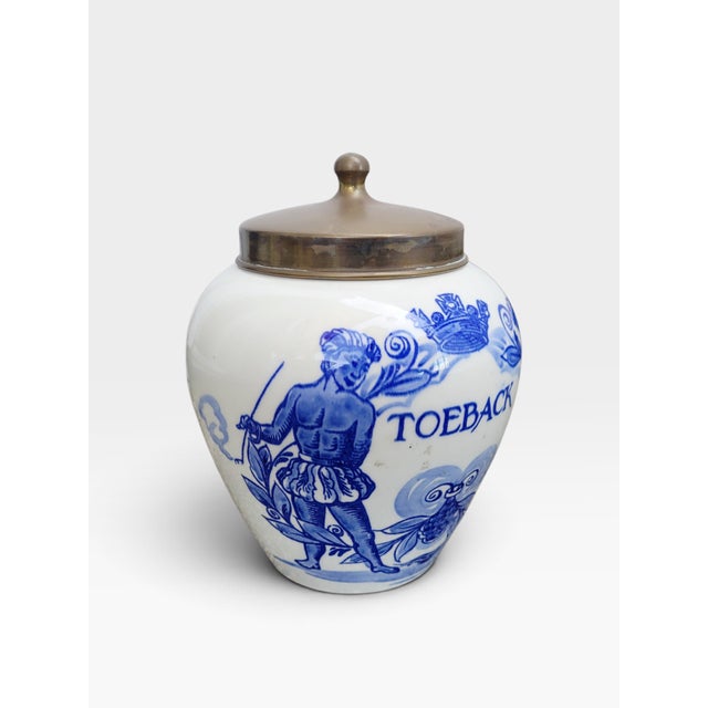 Mid-Century Dutch Hand-Painted Delft Blue Tobacco Jar with Brass Lid, Holland, 1960s For Sale - Image 12 of 17