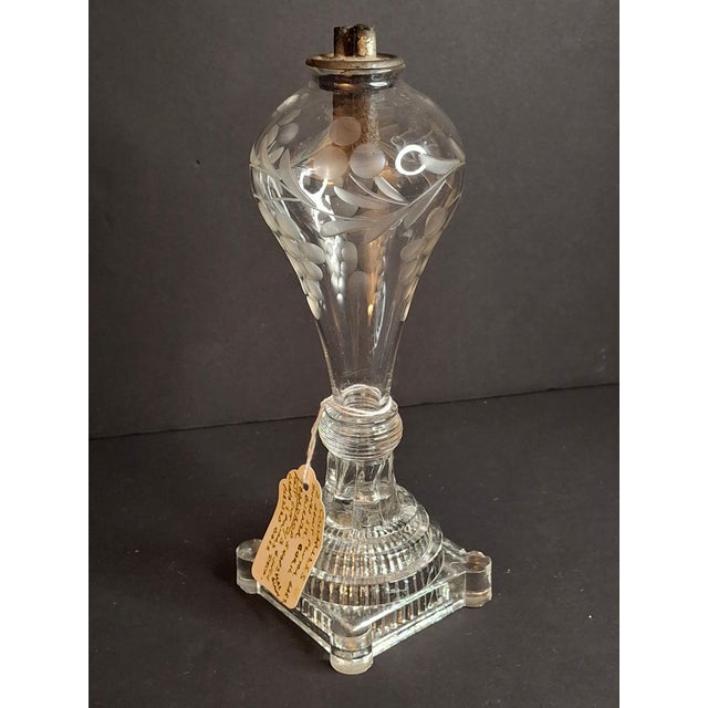 Mid 19th Century Rare Antique Boston & Sandwich Engraved Glass Whale Oil Lamp "Patent" Cork Burner c.1835 For Sale - Image 5 of 18