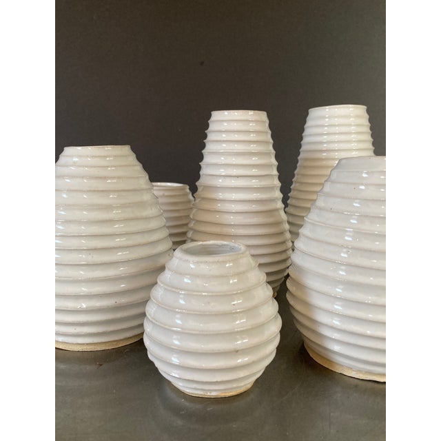 Set of 3 Grooved White Ceramic Vase For Sale In Boston - Image 6 of 7