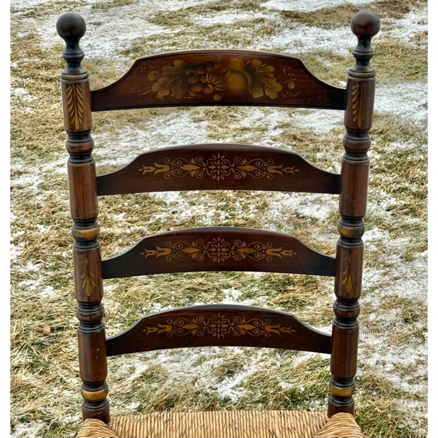 Brown Vintage Hitchcock Harvest Paint Decorated Ladderback Rush Seat Dining Chairs - Set of 4 For Sale - Image 8 of 12