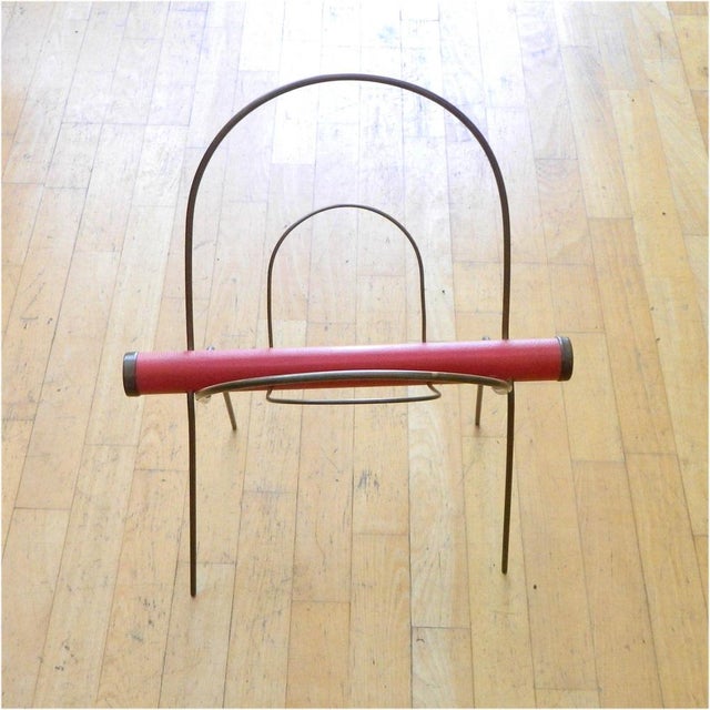 Gold Brass Magazine Rack with Red Leather For Sale - Image 8 of 10