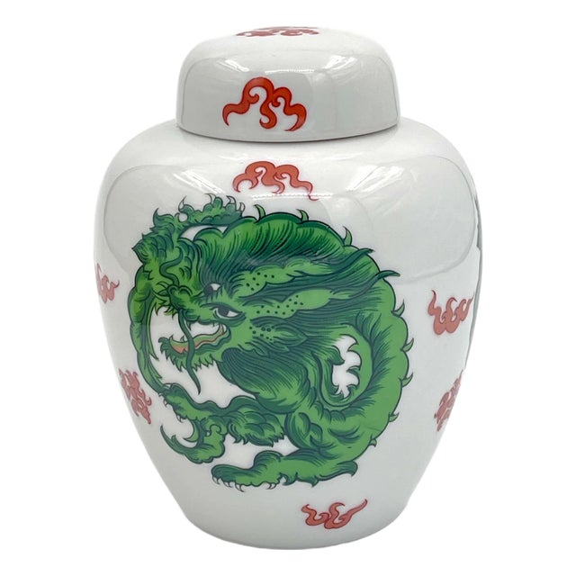 Vintage Fitz & Floyd Green Dragon Ginger Jar With Lid For Sale