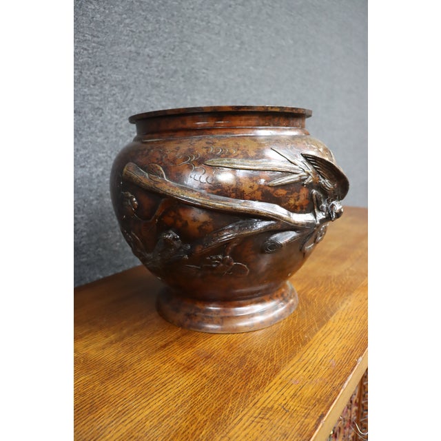 Japanese Bronze Jardinière With Bird and Floral Relief For Sale - Image 4 of 11