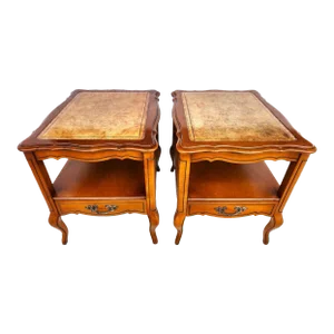 Vintage French Side Tables Walnut Leather Top by Hammary