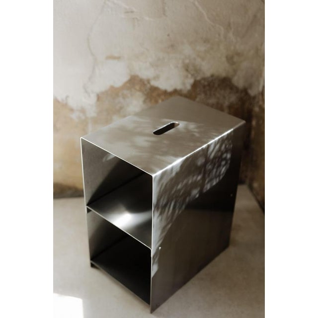 Cosmo Multifunctional Stool and Shelf in Brushed Stainless Steel by Form & Eisen For Sale - Image 6 of 18