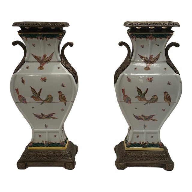 Bronze Mounted Porcelain Decorative Vases -a Pair For Sale