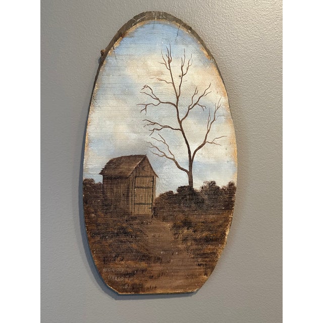 Terrific Vintage 1982 Signed Rustic Landscape in Oil on Wood. Charming Americana landscape painted on a natural slab of...