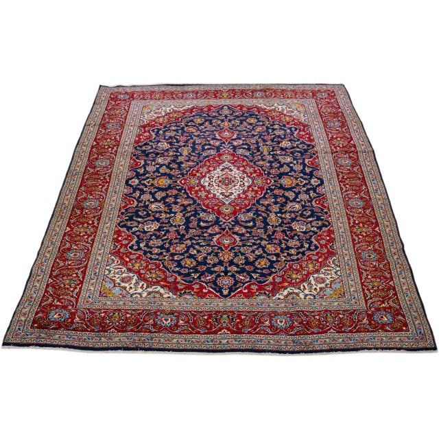 Persian 1930s Antique Persian Kashan Handmade Allover Floral Blue Wool Rug For Sale - Image 3 of 7