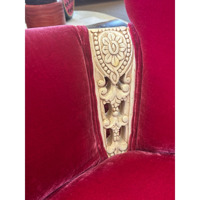 Vintage Louis XV Style Wingback Bergère Chair in Ruby Velvet With Carved Distressed Frame For Sale - Image 10 of 10