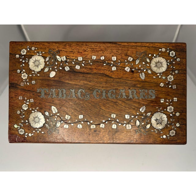 Victorian Walnut & Nacre Inlay Cigar Tobacco Box for your consideration. The box measures approx. 6 inches tall, 11 inches...