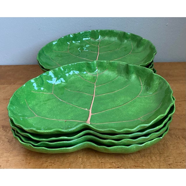 Green Vintage Glazed Ceramic Cabbage Leaf Plates - Set of 8 For Sale - Image 8 of 12